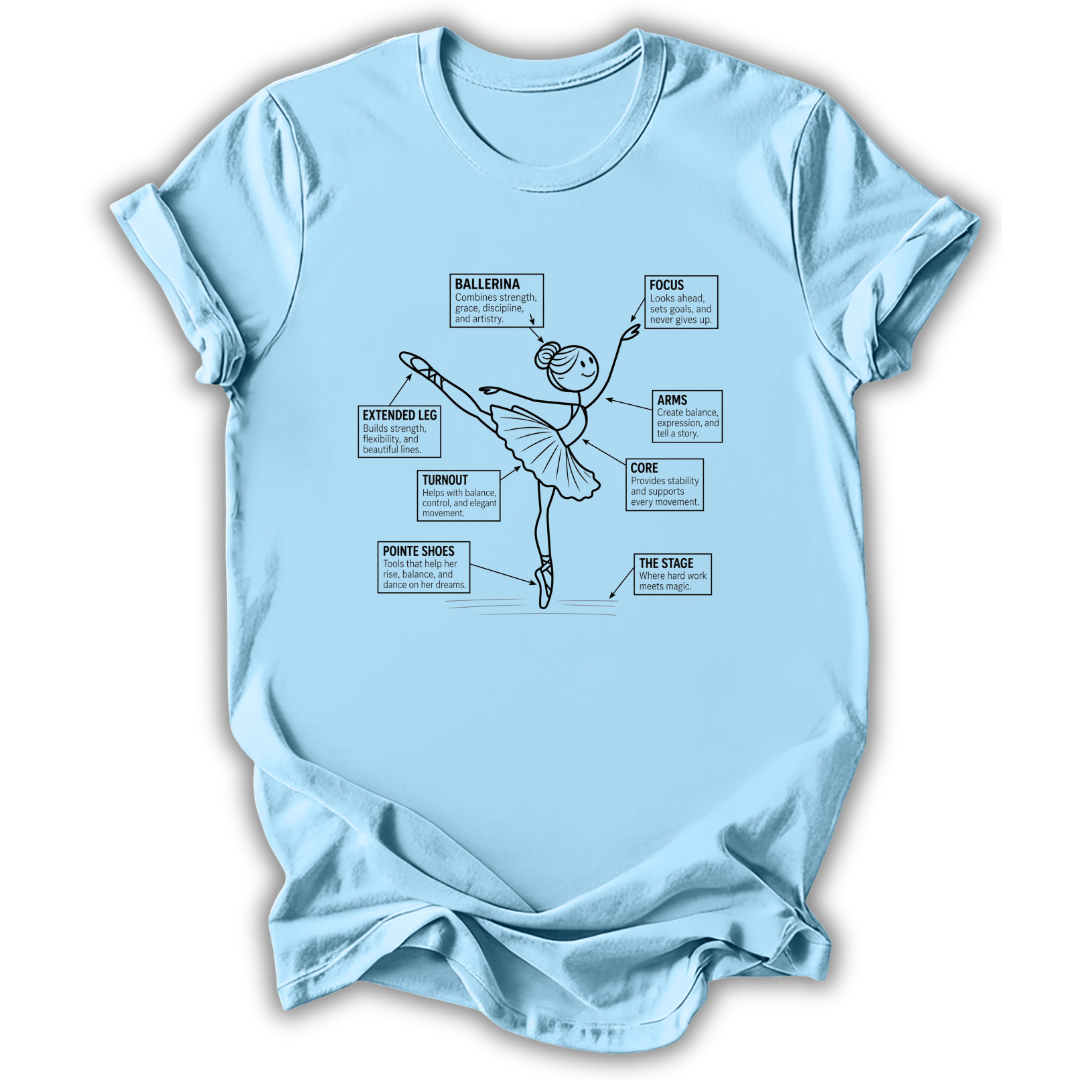 A light blue short-sleeve t-shirt with a black line art graphic of a ballet dancer and text labels pointing to different parts of the body, shown on a white background.