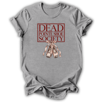 A heather gray short-sleeve t-shirt with a graphic print on the front. The graphic features a red rectangular border with the text 'DEAD POINTE SHOE SOCIETY' in red, above a pair of pinkish-beige pointe shoes tied with a ribbon.
