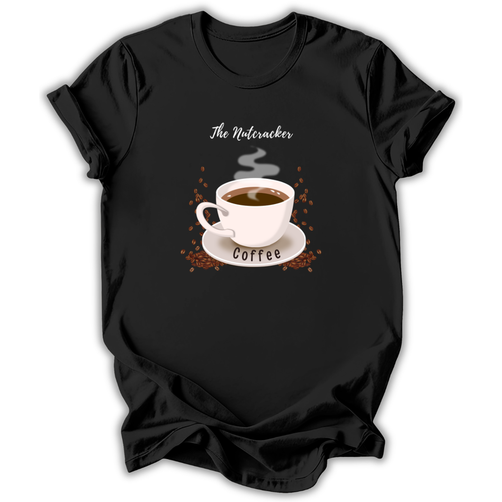 A black short-sleeve t-shirt with a graphic print of a white coffee cup on a saucer, surrounded by coffee beans and the words 'The Nutcracker' and 'Coffee'.