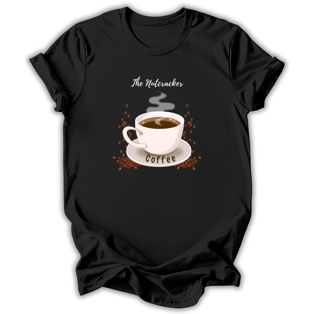 A black short-sleeve t-shirt with a graphic print of a white coffee cup on a saucer, surrounded by coffee beans and the words 'The Nutcracker' and 'Coffee'.