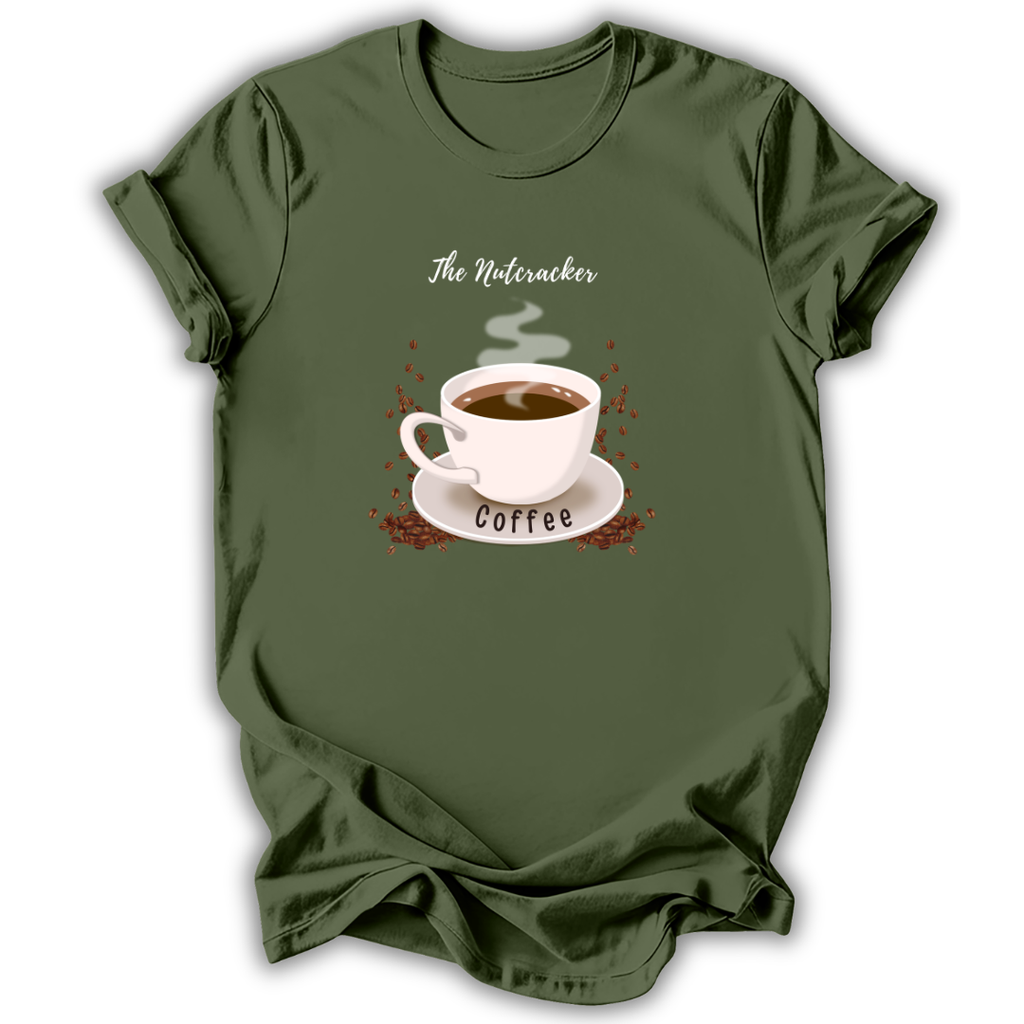 An olive green short-sleeve t-shirt with a graphic print of a white coffee cup on a saucer, surrounded by small red dots and the words 'The Nutcracker' and 'Coffee'.