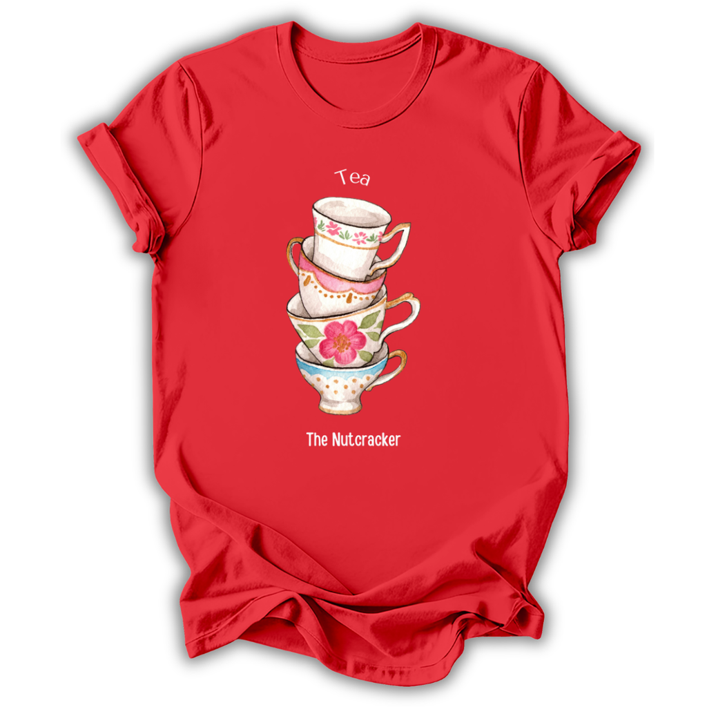 A red short-sleeve crewneck t-shirt with a graphic of stacked floral teacups and the words 'Tea' and 'The Nutcracker' printed on the front, shown against a plain white background.