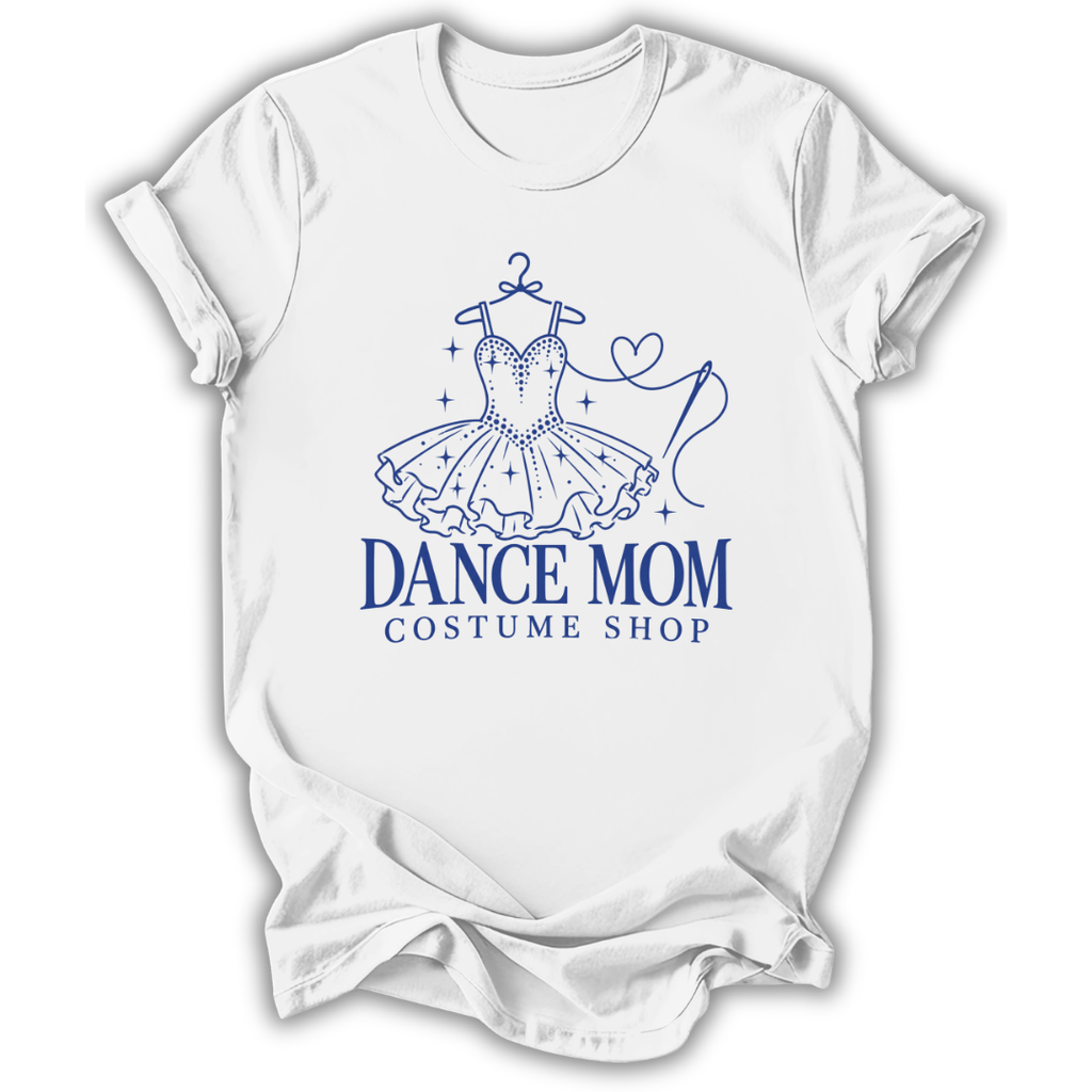 A white short-sleeve crewneck t-shirt with a blue graphic of a tutu dress on a hanger and the text 'DANCE MOM COSTUME SHOP' printed on the front, displayed against a clean white background.