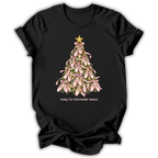 A black short-sleeve crewneck t-shirt featuring a graphic of a Christmas tree made of pink lilies with a gold star on top, and the text 'ready for Nutcracker season' printed below.