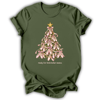 An olive green short-sleeve t-shirt with a graphic of a Christmas tree made of pink orchids with a gold star, and the text 'ready for Nutcracker season' printed below.