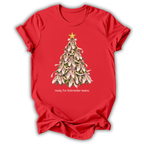 A red short-sleeve crewneck t-shirt featuring a graphic of a Christmas tree made of pink-and-white bolls flowers with a gold star on top, and the text 'ready for nutcracker season' printed below.