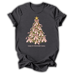 A dark charcoal gray t-shirt with a graphic of a Christmas tree made of pink orchids, topped with a gold star and the text 'ready for Nutcracker season' printed below.