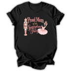 A black short-sleeve t-shirt with a graphic print on the front. The graphic features a pink nutcracker, a pink ballerina tutu, and the text 'Proud Mom of the Sugarplum Fairy' in pink and gold lettering.