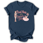 A navy blue short-sleeve t-shirt with a graphic print on the front. The graphic features a pink and gold nutcracker, a pink ballerina, and the text 'Proud Grandma of the Sugarplum Fairy' in pink and gold script.