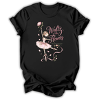 A black short-sleeve t-shirt with a graphic print of a ballerina in a pink tutu holding a pink flower, next to the text 'Waltz of the Flowers' and 'The Sophomore' in a cursive font, shown on a plain white background.