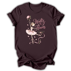 A dark plum-colored short-sleeve t-shirt with a graphic print of a ballerina in a pink tutu next to the text 'Waltz of the Flowers' and 'The North Shore'.