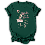 A dark green short-sleeve t-shirt with a graphic print of a ballerina with a pink tutu and roses, next to the text 'Waltz of the Flowers' and 'THE MYSTIC ORDER'.