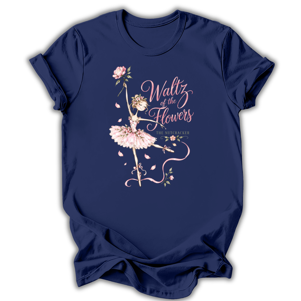 A navy blue short-sleeve t-shirt with a graphic print of a ballerina in a pink tutu and the text 'Waltz of the Flowers' in pink script, displayed against a white background.