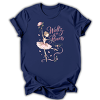 A navy blue short-sleeve t-shirt with a graphic print of a ballerina in a pink tutu and the text 'Waltz of the Flowers' in pink script, displayed against a white background.