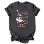 A dark charcoal gray t-shirt with a graphic print of a ballerina in a pink tutu and the text 'Waltz of the Flowers' in pink script, displayed on a clean white background.