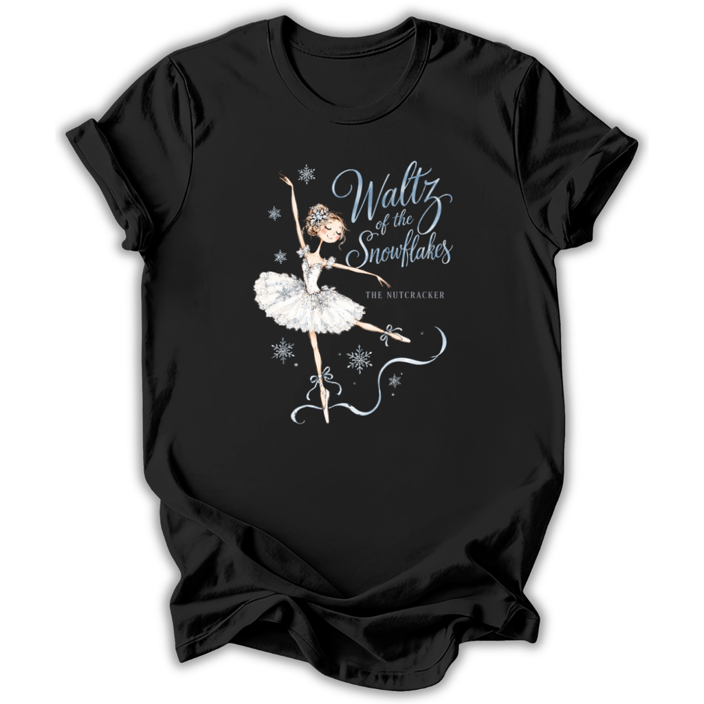 A black short-sleeve t-shirt with a graphic of a ballet dancer in a white tutu and the text 'Waltz of the Snowflakes' and 'The Nutcracker' printed on the front, displayed against a plain white background.