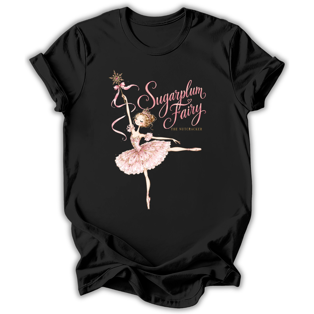 A black short-sleeve t-shirt with a graphic of a ballerina in a pink tutu holding a wand, next to the text 'Sugarplum Fairy' and 'The Nutcracker' in pink and gold lettering.