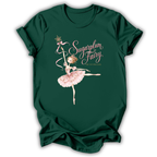 A dark green short-sleeve t-shirt with a graphic of a ballerina in a pink tutu holding a wand, next to the text 'Sugarplum Fairy' and 'The Nutcracker'.