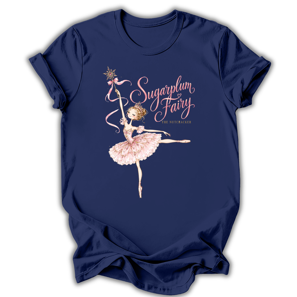 A navy blue short-sleeve t-shirt with a graphic of a ballerina in a pink tutu holding a wand, with the text 'Sugarplum Fairy' and 'The Asteroid' printed on the front.