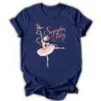 A navy blue short-sleeve t-shirt with a graphic of a ballerina in a pink tutu holding a wand, with the text 'Sugarplum Fairy' and 'The Asteroid' printed on the front.