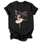 A black short-sleeve t-shirt with a graphic of a ballerina in a pink tutu holding a wand, next to the text 'Sugarplum Fairy' and 'The Nutcracker' in pink and gold lettering.