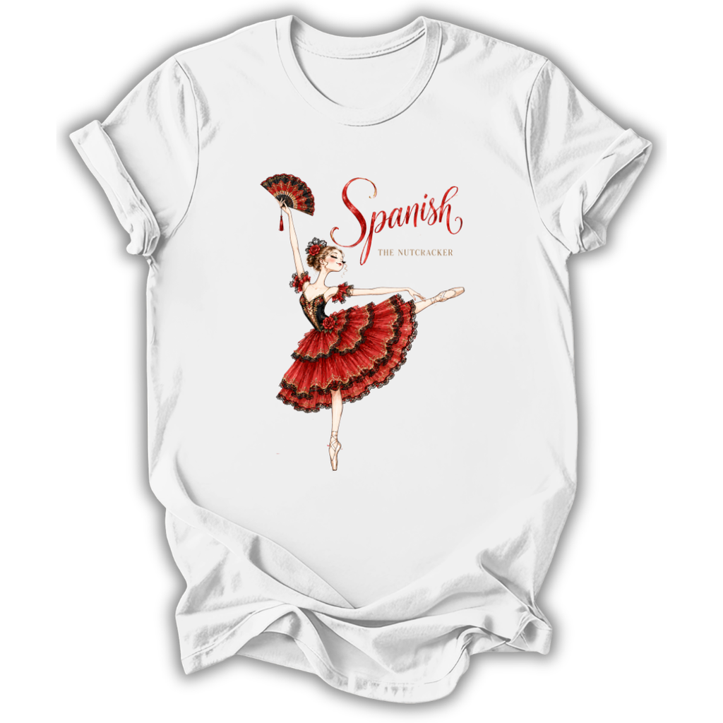 A white short-sleeve crewneck t-shirt featuring a vintage-style graphic of a ballerina in a red and black tutu holding a red fan, with the text 'Spanish' and 'The Nutcracker' printed on the front.