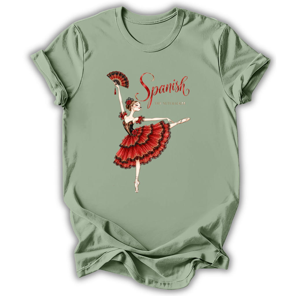 A sage green short-sleeve t-shirt with a graphic of a Spanish flamenco dancer in a red and black dress, holding a red fan, with the word 'Spanish' written in red script.