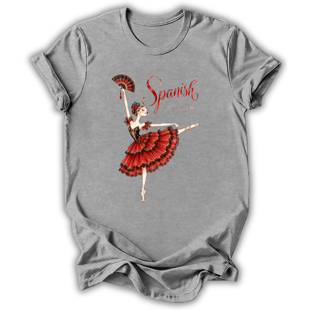 A heather gray short-sleeve t-shirt with a graphic of a Spanish dancer in a red and black tutu holding a fan, with the word 'Spanish' written in red script.