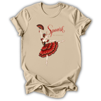 A beige short-sleeve t-shirt with a graphic print of a Spanish dancer in a red and black dress holding a fan, with the text 'Spanish' and 'The National' printed in red.