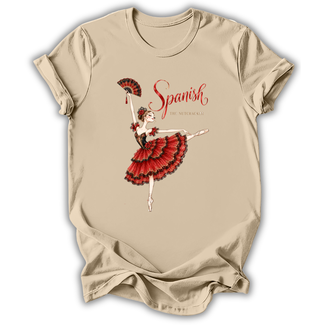 A beige short-sleeve t-shirt with a graphic print of a Spanish dancer in a red and black dress holding a fan, with the text 'Spanish' and 'The National' printed in red.