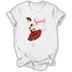 A white short-sleeve crewneck t-shirt featuring a vintage-style graphic of a ballerina in a red and black tutu holding a red fan, with the text 'Spanish' and 'The Nutcracker' printed on the front.