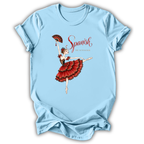 A light blue short-sleeve t-shirt with a graphic of a Spanish nutria dancer in a red and black tutu holding a fan, with the text 'Spanish' and 'THE NUTRIA' printed on the front.