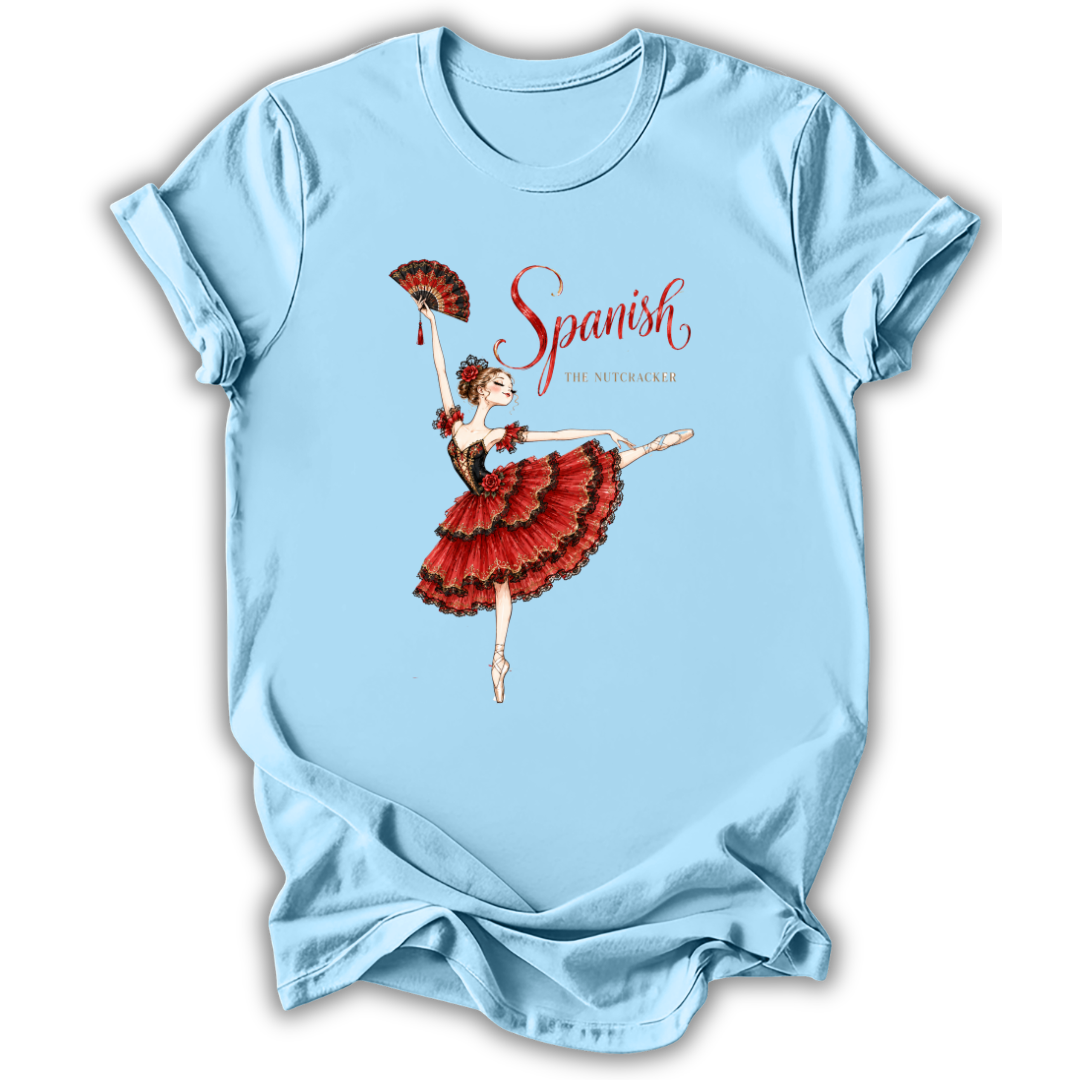 A light blue short-sleeve t-shirt with a graphic of a Spanish nutria dancer in a red and black tutu holding a fan, with the text 'Spanish' and 'THE NUTRIA' printed on the front.