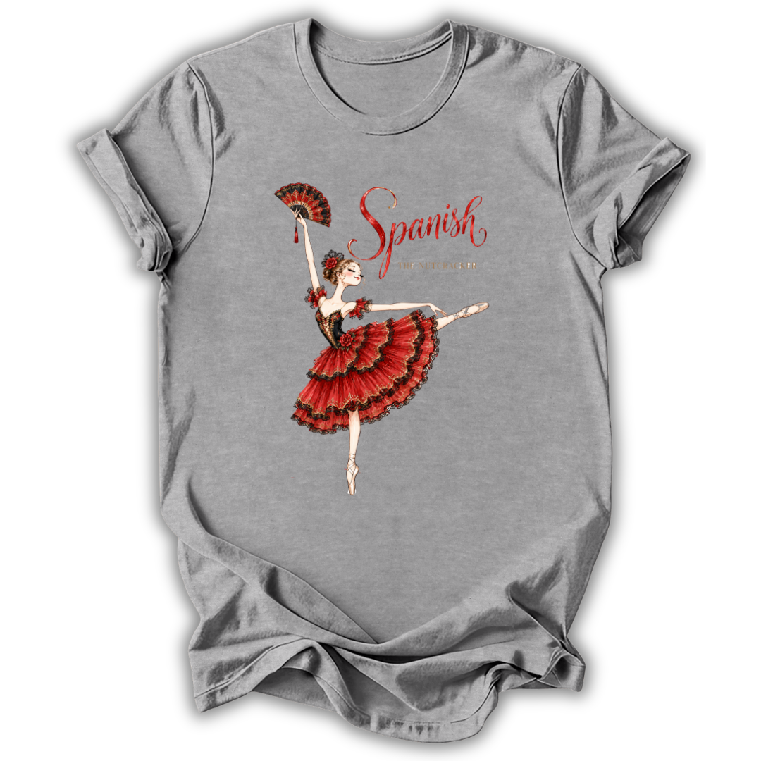 A heather gray short-sleeve t-shirt with a graphic of a Spanish dancer in a red and black tutu holding a fan, with the word 'Spanish' written in red script.
