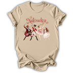 A beige short-sleeve t-shirt with a vintage-style graphic of 'The Nutcracker' characters (a nutcracker, a ballerina, and a fairy) and the title 'The Nutcracker 2026' printed on the chest.