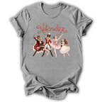 A gray short-sleeve crewneck t-shirt featuring a vintage-style graphic of 'The Nutcracker Ballet' with illustrations of the characters and red script text, displayed on a clean white background.