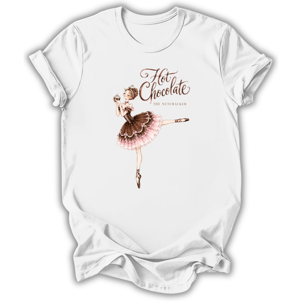 A white short-sleeve crewneck t-shirt featuring a vintage-style graphic of a ballerina in a pink and brown tutu with the text 'Hot Chocolate' and 'The Nutemaker' printed on the chest, displayed against a plain white background.