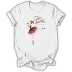 A white short-sleeve crewneck t-shirt featuring a vintage-style graphic of a ballerina in a pink and brown tutu with the text 'Hot Chocolate' and 'The Nutemaker' printed on the chest, displayed against a plain white background.