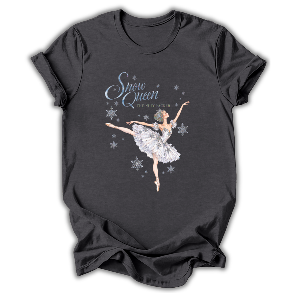 A dark charcoal gray t-shirt featuring a graphic of a ballerina in a white tutu with the text 'Snow Queen The Nutcracker' in light blue and white, set against a plain white background.