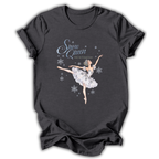 A dark charcoal gray t-shirt featuring a graphic of a ballerina in a white tutu with the text 'Snow Queen The Nutcracker' in light blue and white, set against a plain white background.