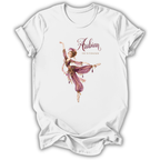 A white short-sleeve crewneck t-shirt featuring a graphic print of an Arabian-themed dancer in a purple and gold outfit, with the text 'Arabian THE NUTSKAID' printed above her.