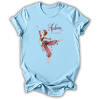 A light blue short-sleeve t-shirt with a graphic print of an Arabian Nights dancer and the text 'Arabian The Nutcracker' on the front, displayed against a white background.