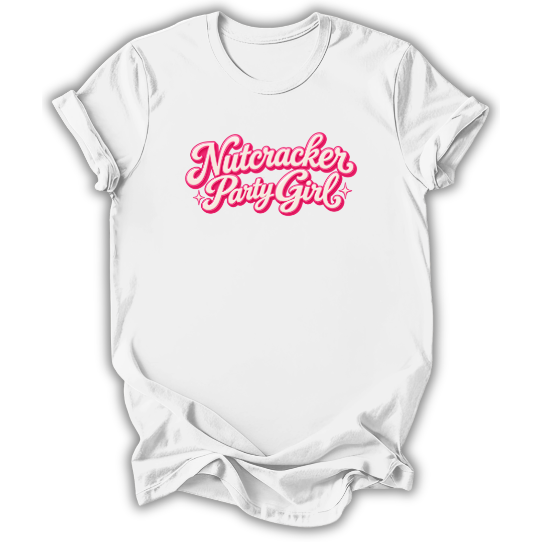 A white short-sleeve crewneck t-shirt with a pink graphic text reading 'Nitrocker Party Girl' across the chest, displayed on a clean white background.