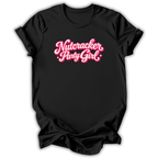 A black short-sleeve t-shirt with 'Nutcracker Party Girl' printed in a pink cursive font with white highlights and small star accents, displayed on a clean white background.