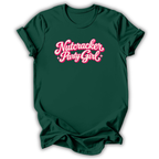 A dark green short-sleeve t-shirt with 'Nutcracker Party Girl' printed in a pink retro bubble font across the chest, displayed on a clean white background.