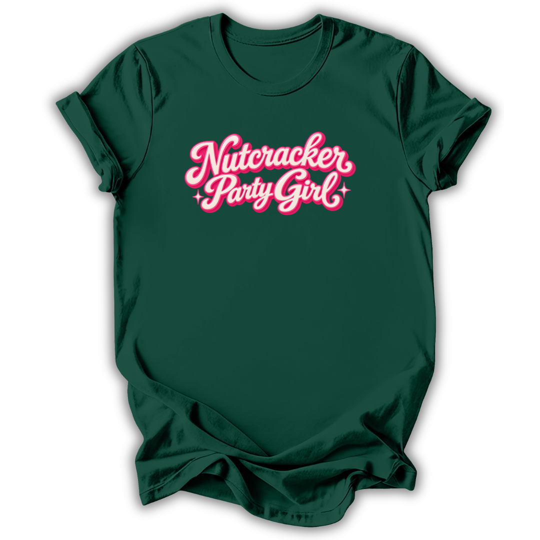 A dark green short-sleeve t-shirt with 'Nutcracker Party Girl' printed in a pink retro bubble font across the chest, displayed on a clean white background.