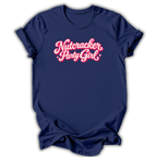 A navy blue short-sleeve t-shirt with 'Nutcracker Party Girl' printed in a pink retro bubble font across the chest, shown on a white background with a soft drop shadow.
