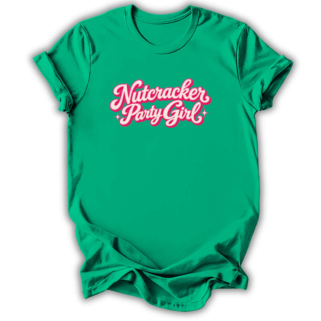 A bright green short-sleeve t-shirt with 'Nutcracker Party Girl' printed in pink cursive text across the chest, shown on a plain white background.
