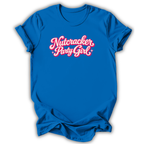 A royal blue short-sleeve t-shirt with 'Nutcracker Party Girl' printed in a pink retro script across the chest, shown on a white background with a drop shadow.