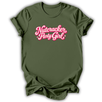 An olive green short-sleeve t-shirt with 'Nutcracker Party Girl' printed in a pink cursive font with white highlights across the chest, displayed on a clean white background.